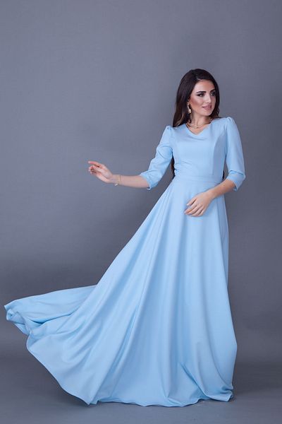 NO48 Baby Blue V λαιμόκοψη 3/4 μανίκι υφαντό ντραπέ ύφασμα Maxi μήκους φουσκωμένο βραδινό φόρεμα