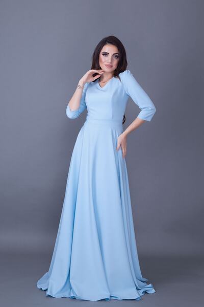 NO48 Baby Blue V λαιμόκοψη 3/4 μανίκι υφαντό ντραπέ ύφασμα Maxi μήκους φουσκωμένο βραδινό φόρεμα