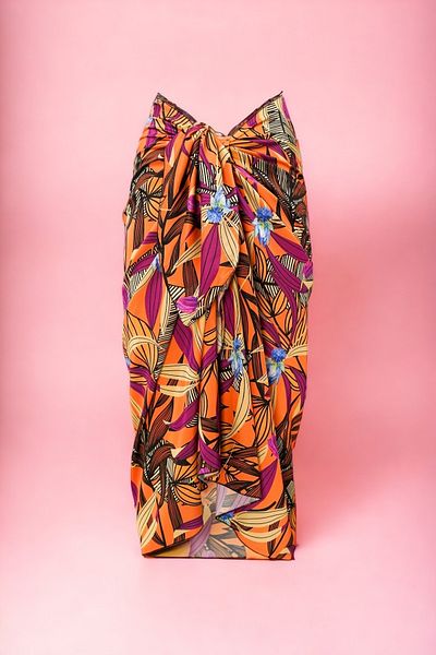 pistore Orange Purple Leaf Patterned Long Pareo Satin No Sheer Women's Beach Dress New Season