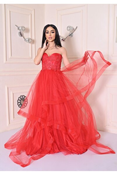 Kulis Kırmızı Straplez Balenli Taşlı Etekleri Katlı Prenses Model Abiye
