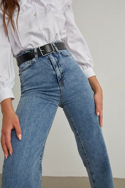 SANTA BELLA Jeans palazzo cu talie înaltă de zăpadă, albastru închis, anii 90, blugi largi de damă din lycra