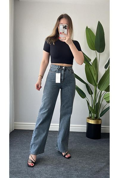 TugsatTasarTekstil Blue High Waist Palazzo Jean Wide Leg Jeans