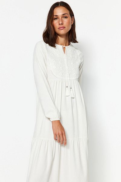 Trendyol Modest Ecru Embroidery and Tassel Detailed Woven Dress TCTAW24EB00114