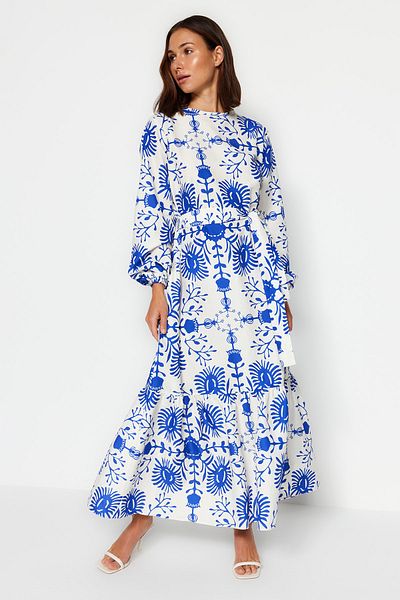 Trendyol Modest Φόρεμα με φλοράλ υφαντό μπλε φύλλο TCTAW24EB00113