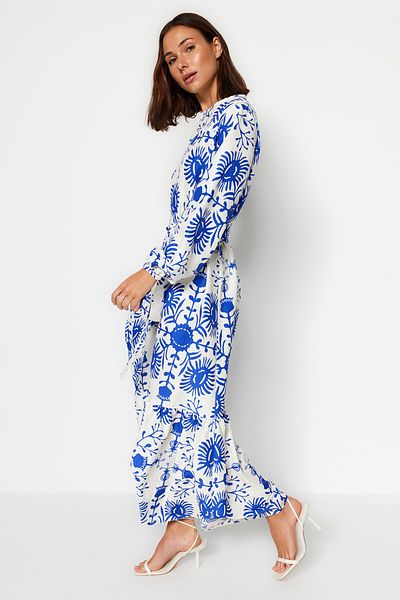 Trendyol Modest Φόρεμα με φλοράλ υφαντό μπλε φύλλο TCTAW24EB00113