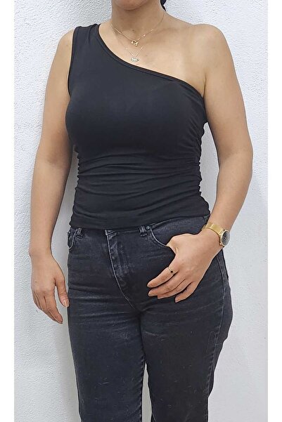 TwillCollection Siyah Tek Omuz Detaylı Yanları Büzgülü Crop Top