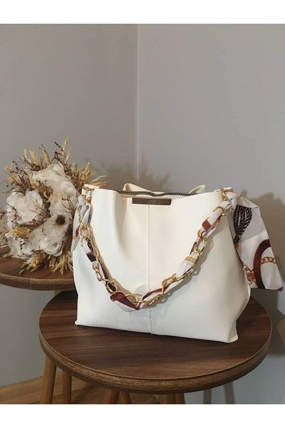 sampox Eșarfă albă și accesoriu cu lanț pentru femei Geantă de mână și geantă de umăr din piele moale cu 3 compartimente