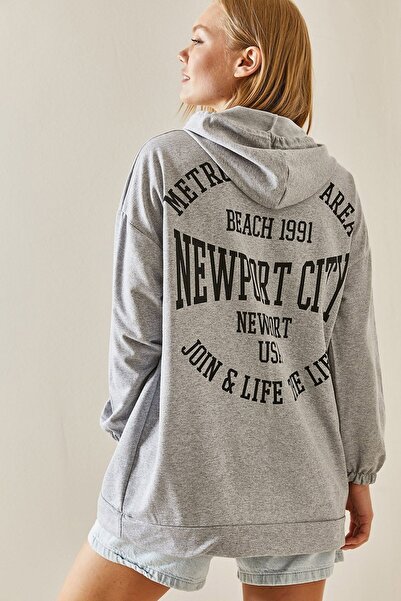 XHAN Gray Back Printed Hooded Sweatshirt 3YXK8-47462-03