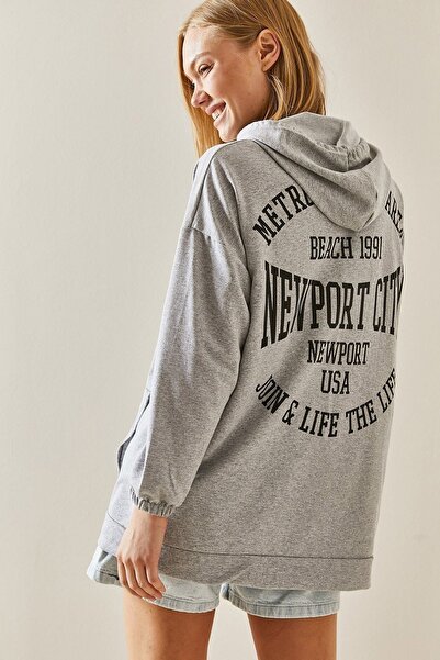 XHAN Gray Back Printed Hooded Sweatshirt 3YXK8-47462-03