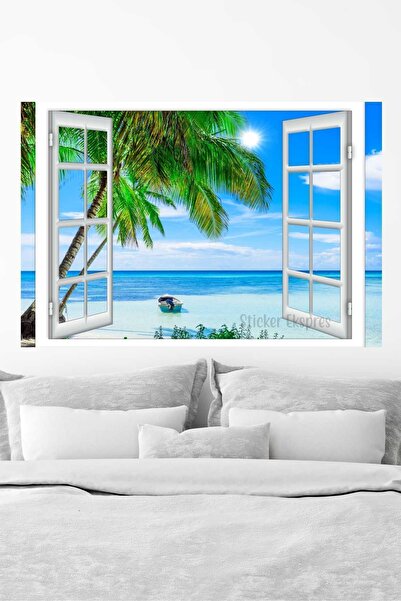 Sticker Ekspres Pencere Palmiye Ve Deniz Manzara Duvar Sticker