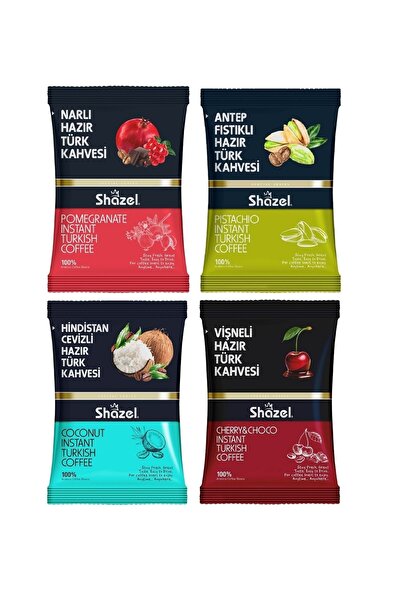 Shazel Hazır Türk Kahvesi Seti 100g X 4 Adet Hindistan Cevizi, Vişne, Nar, An...