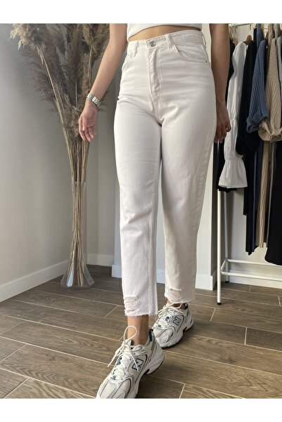 DUSOHOME Duso Paça Detaylı Yüksek Bel Mom Fit Beyaz Jean
