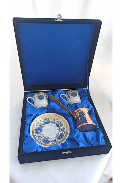 Nihal Süeda Velvet Boxed Copper Coffee Pot Palace Model Double Porcelain Cup Set