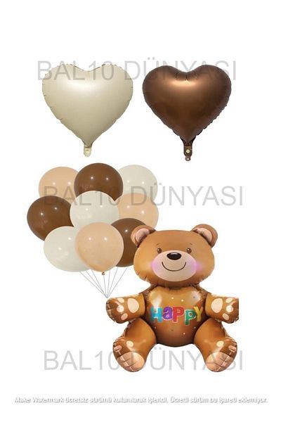 BAL10 DÜNYASI Sitting Bear Heart with Happy Text Foil and Latex Balloon Set