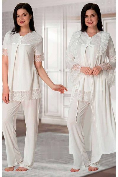 BLACKMORE Women's Ecru Special Lace Maternity Maternity 3-Piece Pajama Set with Dressing Gown