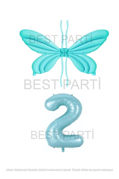 BEST PARTİ DOĞUM GÜNÜ PARTİ SÜSLERİ Blue Color Angel Wing Foil Balloon and Number Foil Balloon Set Age 2