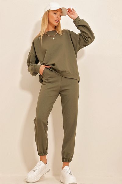 Trend Alaçatı Stili Khakifarbenes Trainingsanzug-Set für Damen mit Fahrradkragen, elastischer Taille und Beinabschluss, zweifädig, Basic-Stil ALC-507-669-001