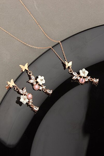 Else Silver 925 Ayar Gümüş Kelebek Bahçesi Kolye Küpe Set