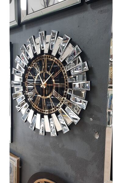 Genel Markalar 70 x 70 Piyano Ayna Saat 70*70 Cm Yuvarlak Gümüş Klasik Ahşap