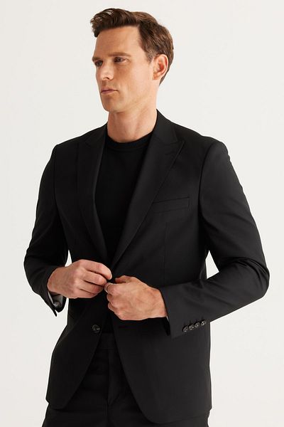 ALTINYILDIZ CLASSICS Men's Black Extra Slim Fit Slim Fit Swallow Collar Wool Water and Stain Resistant Nano Suit