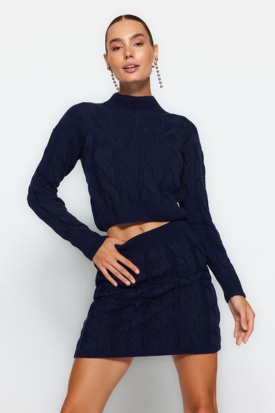 Trendyol Collection Sötétkék állványgallér Crop kötöttáru szoknyaruha - TWOAW24AU00049