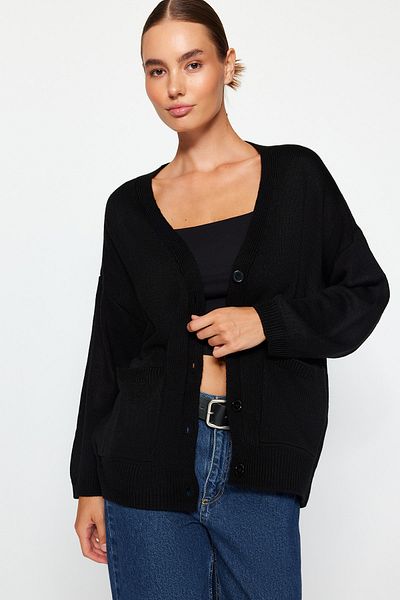 Trendyol Collection Černý Wide Fit Midi Basic pletený Cardigan TWOAW23HI00105