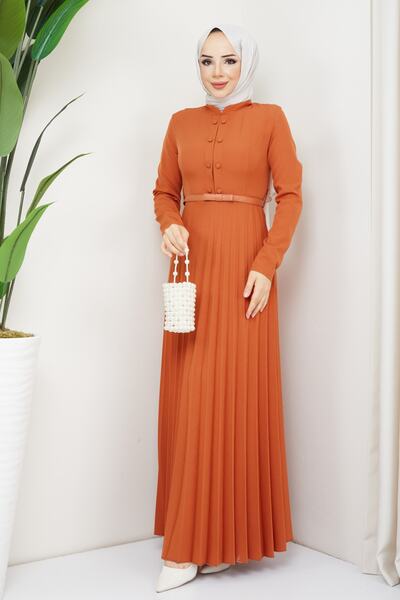 Feiza Collection Piliseli Tesettür Elbise - Turuncu