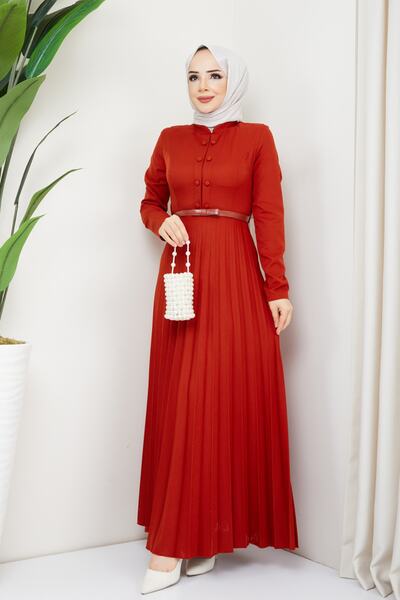 Feiza Collection Piliseli Tesettür Elbise - Kiremit