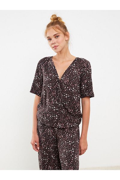 LC Waikiki Set de pijamale de damă din viscoză cu mâneci scurte cu model cu decolteu în V