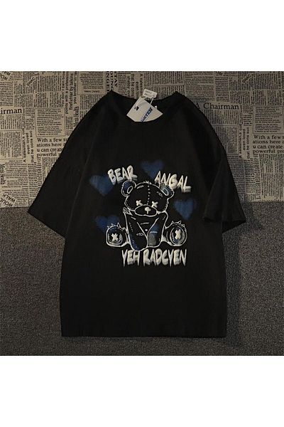 Touz Moda Μαύρο μπλουζάκι Unisex σε γοτθικό στυλ αρκούδας