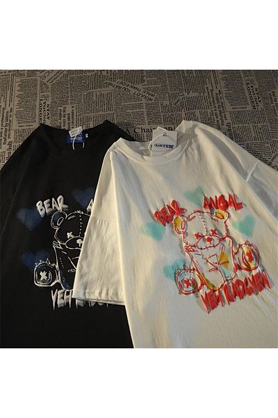 Touz Moda Μαύρο μπλουζάκι Unisex σε γοτθικό στυλ αρκούδας