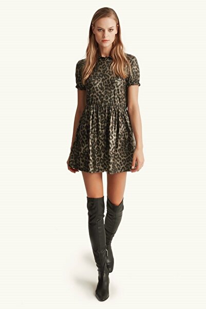 Hanna's by Hanna Darsa Kadın Leopar Desenli Önden Düğmeli Büzgülü Kısa Elbise...