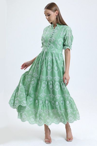 MD trend Women's Mint Green Judge Collar Lined Buttoned Short Sleeve Long Scallop Dress