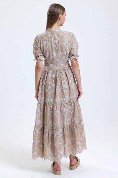 MD trend Γυναικείο Μπεζ γιακά Φόρεμα με κοντό μανίκι μακρύ χτένι με επένδυση