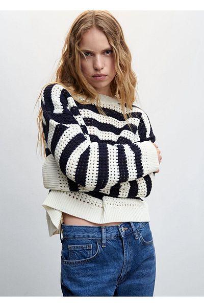 MANGO Woman Pulover tricotat perforat cu dungi