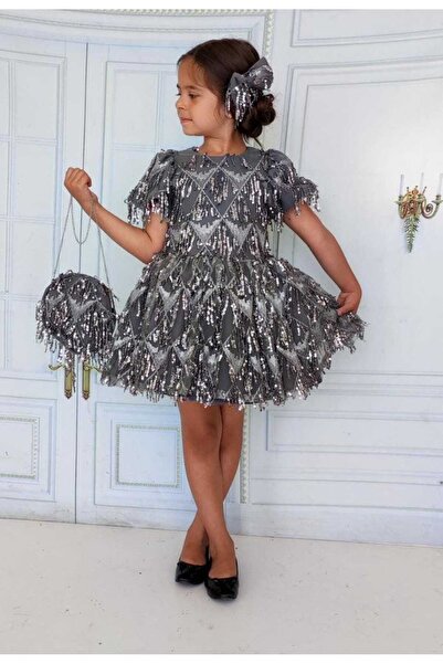 EFE KIDS Children's Evening Dress with Top and Bottom Sequin Bag and Bow Detail