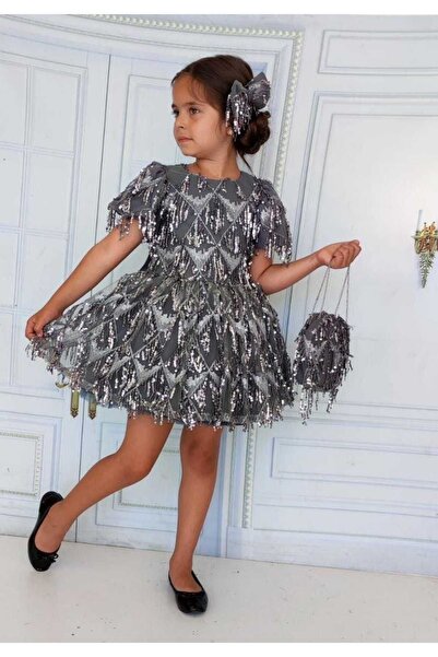 EFE KIDS Children's Evening Dress with Top and Bottom Sequin Bag and Bow Detail