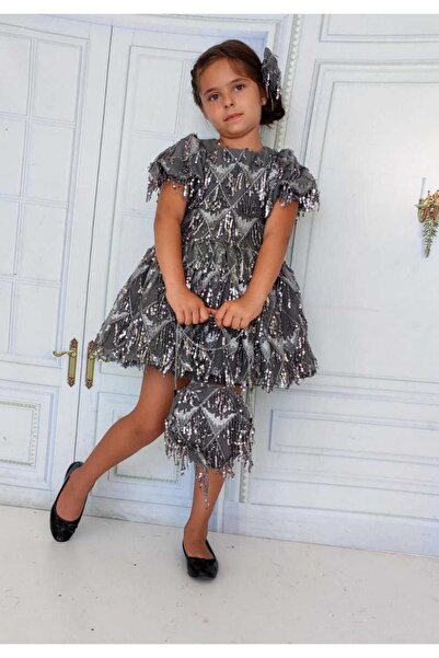 EFE KIDS Children's Evening Dress with Top and Bottom Sequin Bag and Bow Detail