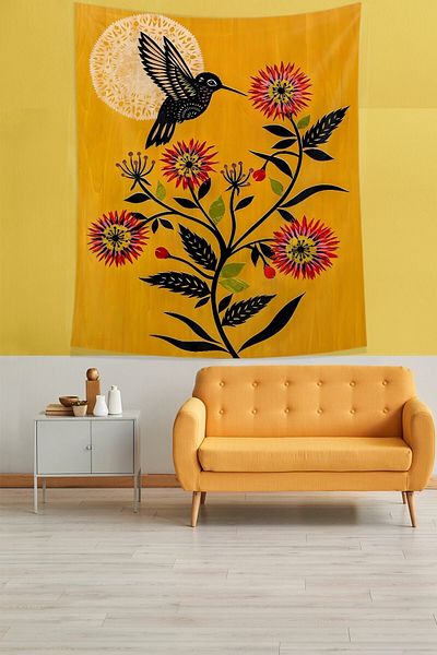on the clouds Hummingbird Daisy and Moon Stain Resistant Fabric Wall Cover Wall Carpet Tapestry