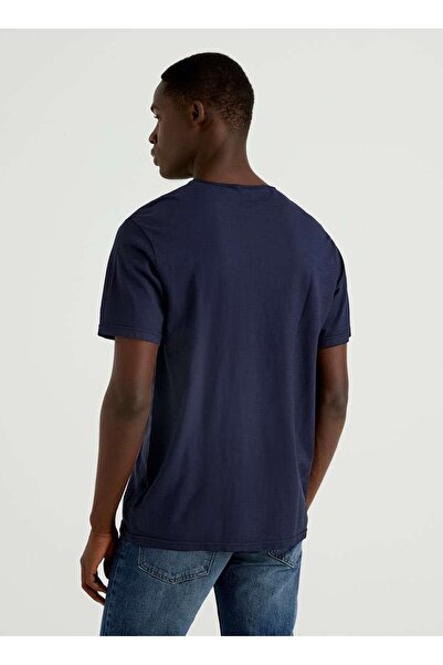 Benetton Ανδρικό μπλουζάκι με λαιμόκοψη Navy Blue 123P3JE1J19A5