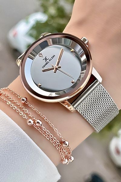 Daniel Klein Rose Silver Colored Wicker Cord Women's Wristwatch and Bracelet Set