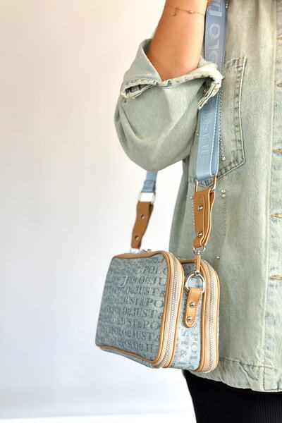 Just Polo حقيبة كتف نسائية كاجوال بحزام منسوج من القطن متوسطة الحجم مكونة من 5 أقسام 4023 جينز مفتوح