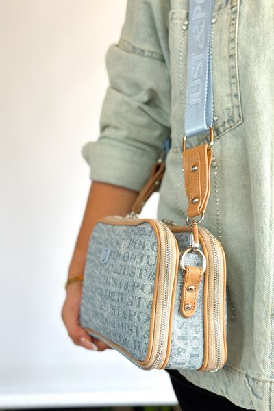 Just Polo حقيبة كتف نسائية كاجوال بحزام منسوج من القطن متوسطة الحجم مكونة من 5 أقسام 4023 جينز مفتوح