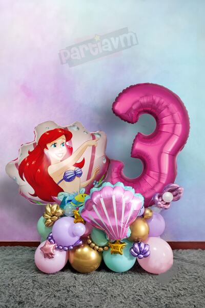 PARTİAVM Little Mermaid Ariel Küçük Deniz Kızı Balon Buketi Fuşya Rakam Balon