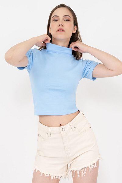 Soyo Women's Light Blue Cotton Turtleneck Short Sleeve Blouse