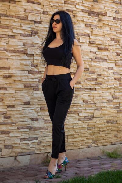 Azıcık Akıllı Γυναικείο μαύρο ψηλόμεσο διπλό πόδι ελαστικό παντελόνι καρότο 23kpnthavc