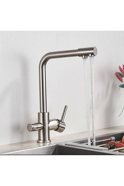 İSAOĞLU YAPI Matte Chrome Purified Kitchen Faucet 3 Way Purified Faucet Matte Chrome Color Suitable for Purification Devices