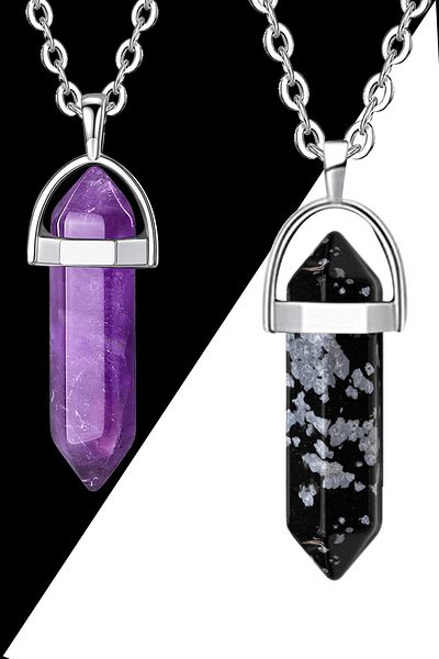 Tesbih Atölyesi Certified Nail Model Amethyst-snowy Obsidian Natural Stone Couple Lovers Necklaces
