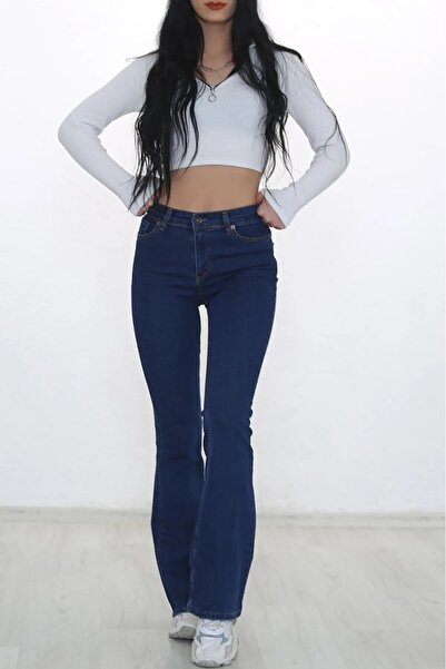 TugsatTasarTekstil Blugi evazați cu talie înaltă Aria Albastru închis Pantaloni Denim Femei Lycra