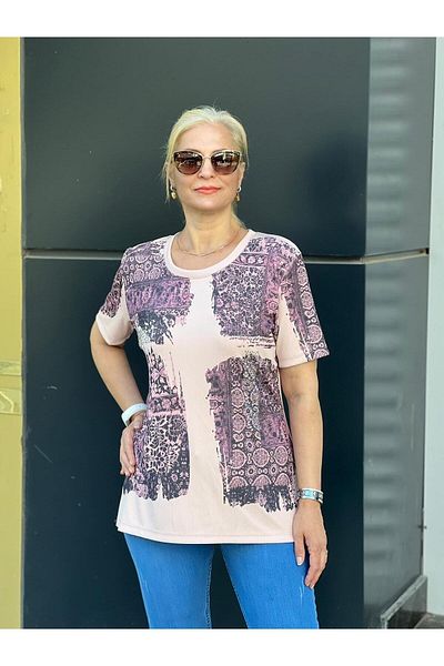 EtkiModa Γυναικεία μπλούζα σε σκόνη με στάμπα με πέτρα με λεπτομέρειες